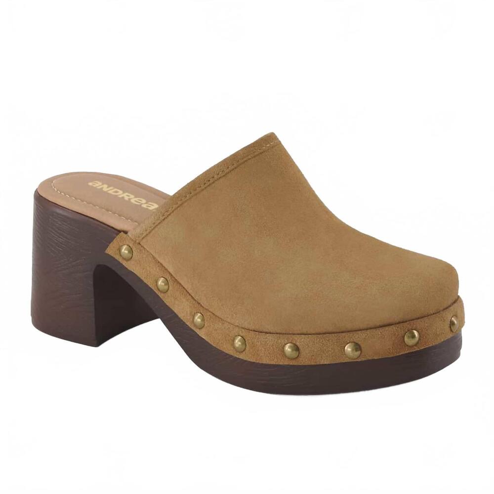 NEW ANDREA women's heeled moccasin clogs in honey
